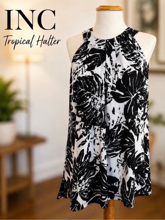 INC International Concepts Tops - INC Tropical Leaf Halter Blouse Black White Sleeveless Top XL